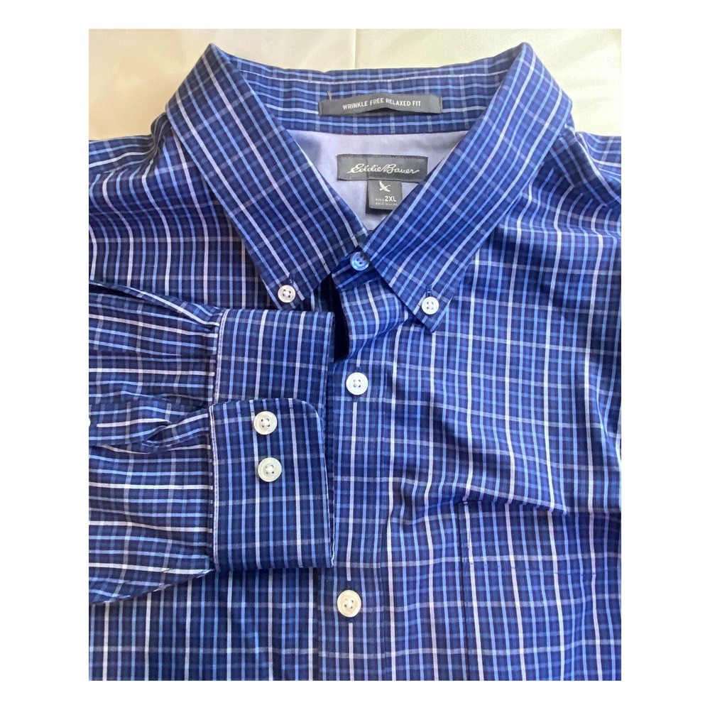 Eddie Bauer Mens  Size 2XL Blue Plaid Wrinkle Free Relaxed Fit Button Down Shirt